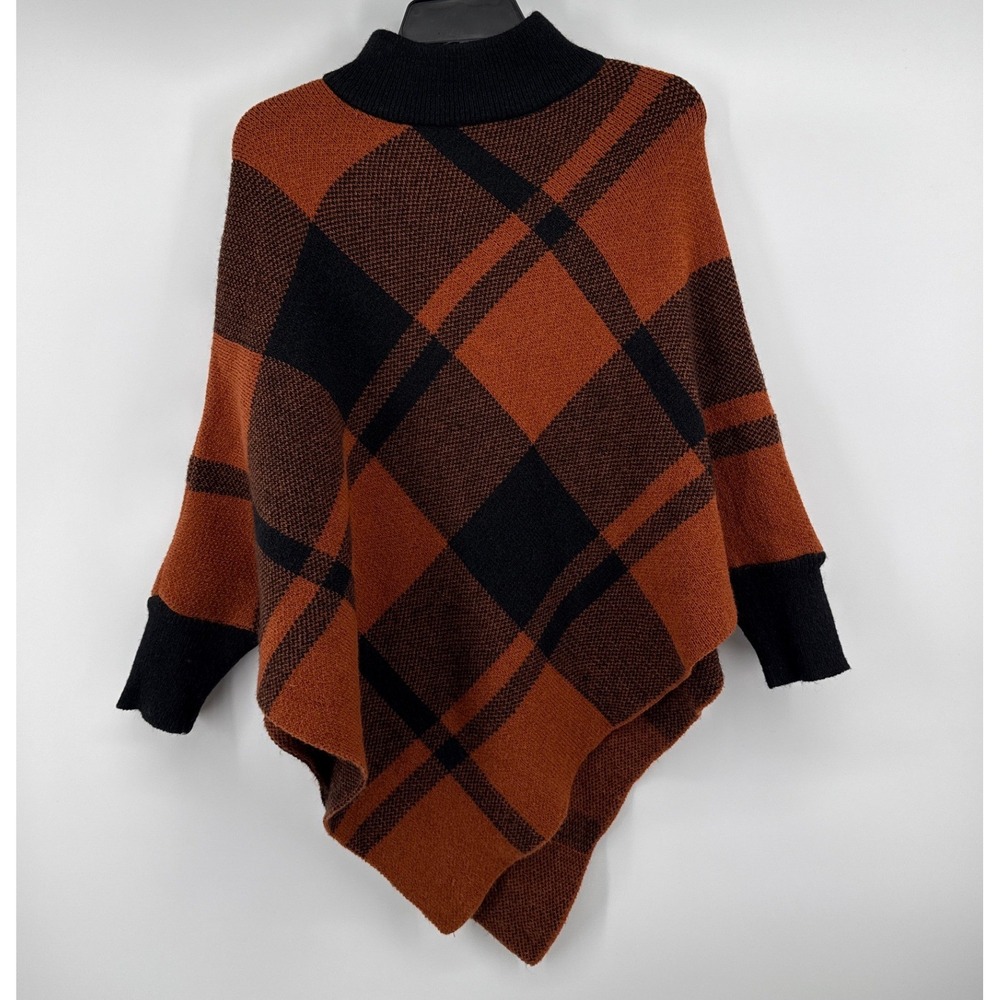 Womens Plaid Poncho Sweater Rust Orange Black Mock Neck Asymmetrical Wrap OS - Picture 1 of 2